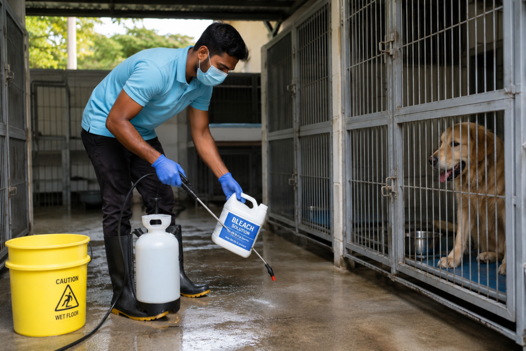 Cleaning a large dog kennel setup using a protective bleach solution to kill Dog Parvovirus