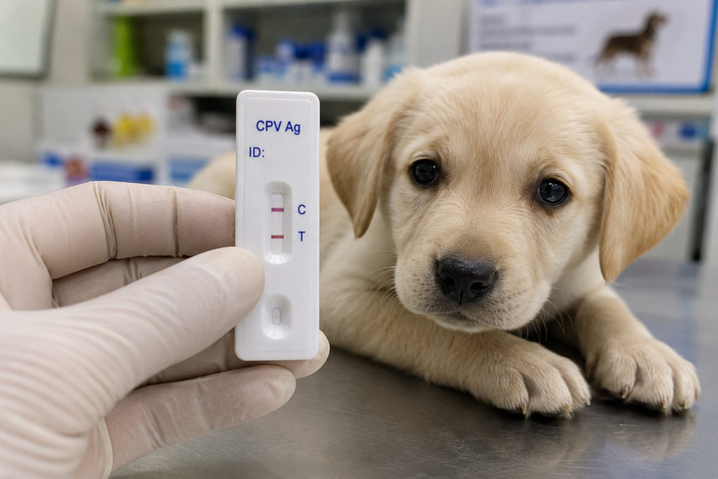 Dog Parvovirus rapid antigen test kit displaying positive results for a puppy